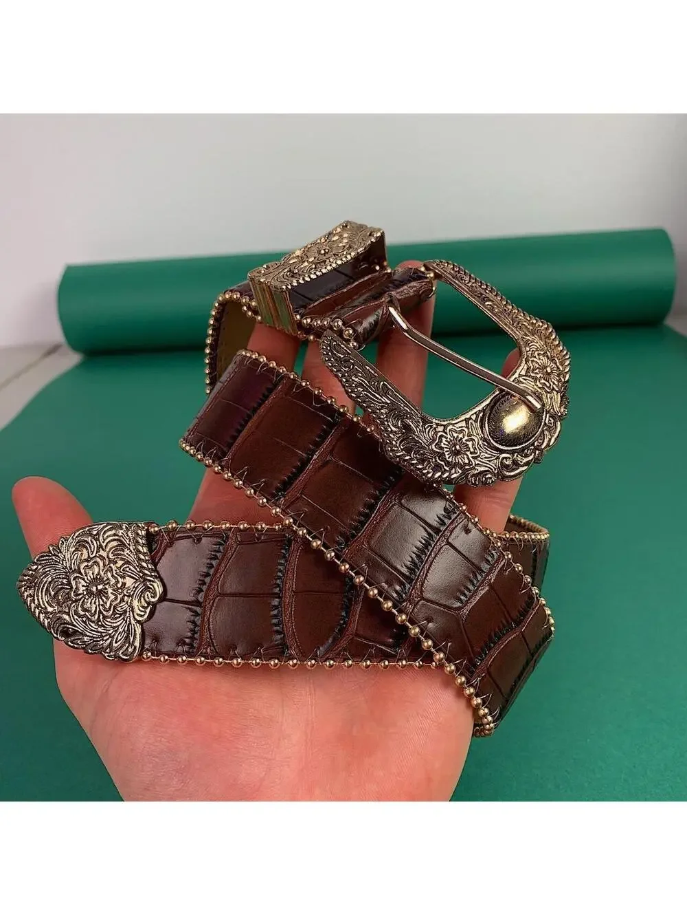 American Western vintage style brown gold boho indie belt. 36 inches length